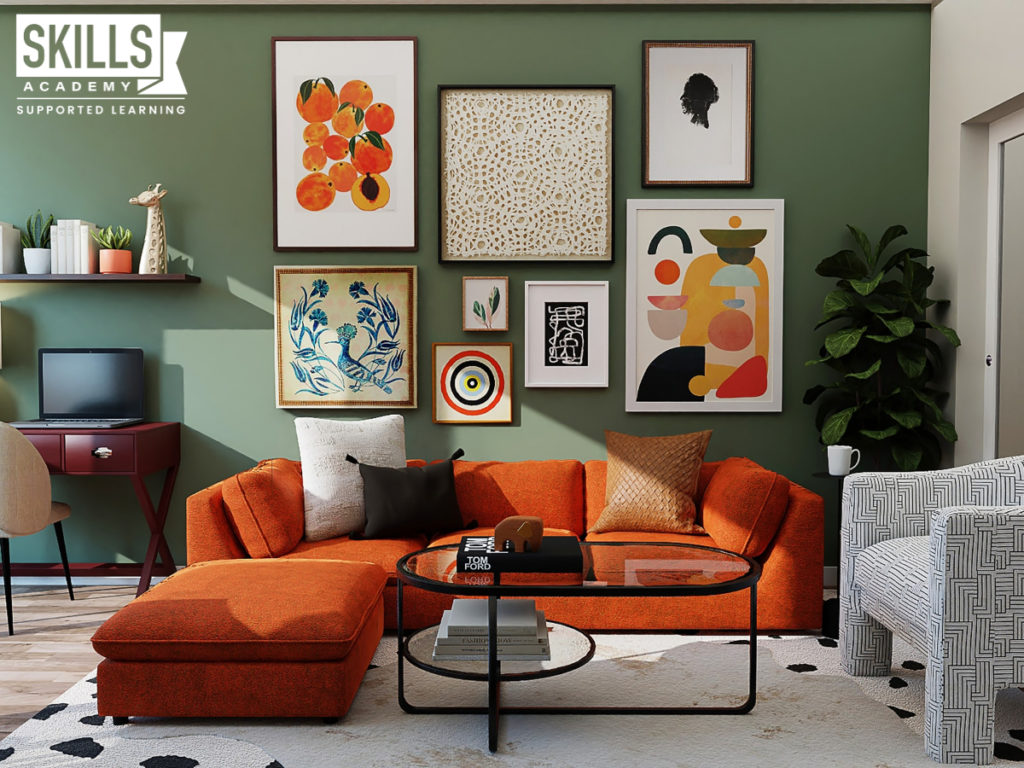 客厅家具的室内装饰。提高你的创造力与室内装修课程。